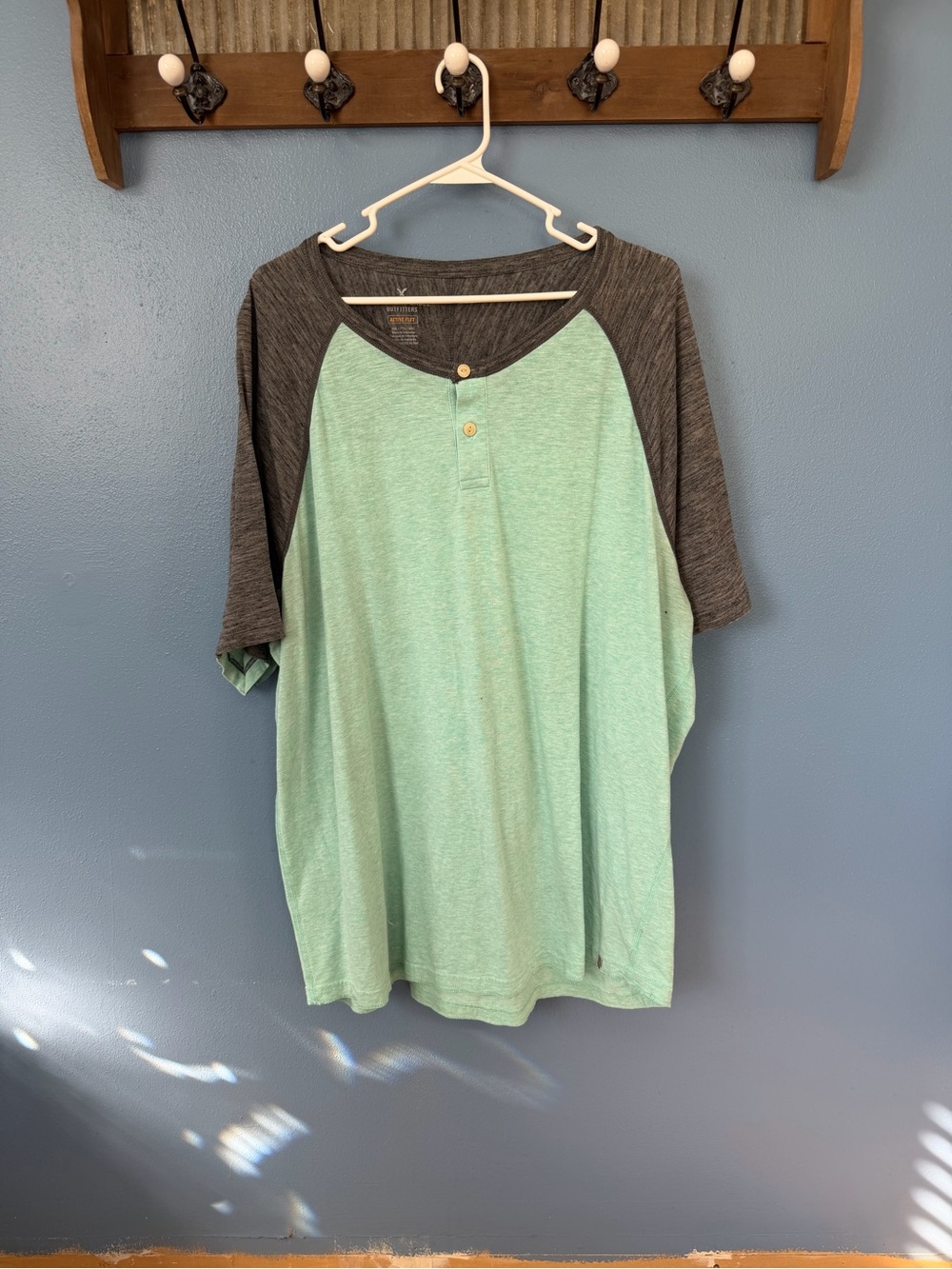 American Eagle Outfitters Short-Sleeve Henley Raglan in Mint and Charcoal